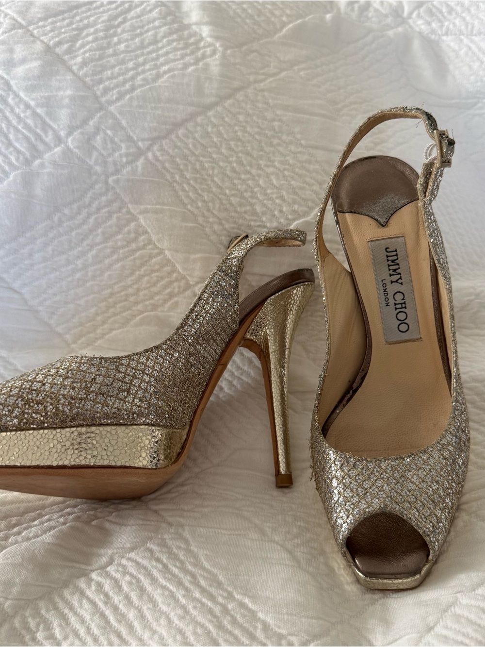 Jimmy Choo Nova Silver Metallic Gold Glitter Slingback Platform Heels EU 35